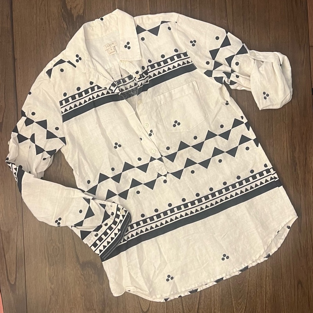 J. Crew Linen Long Sleeve Beach Top, Size Small, Color White And Navy